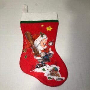 Vintage Giordano Santa Claus Playing Baseball Felt Christmas Stocking Red White
